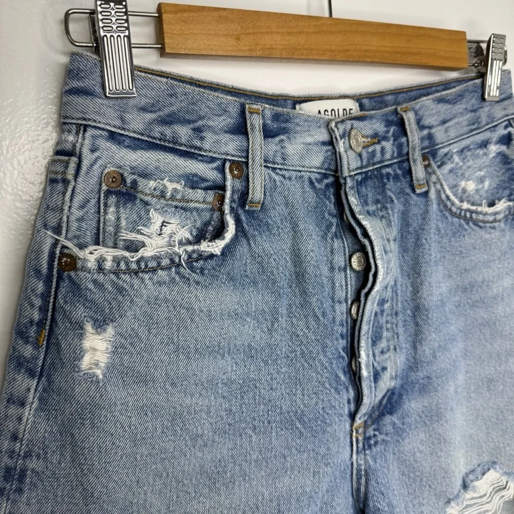 AGOLDE Light Wash Stella Distressed Long Denim Shorts